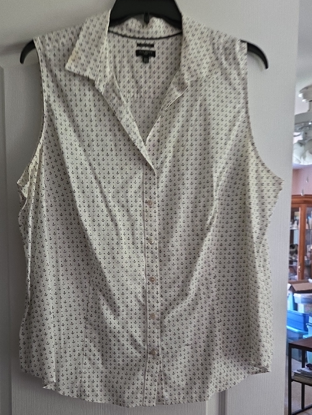 Talbots Woman's Sleeveless Anchor-Print Button-Front Blouse - White/Navy